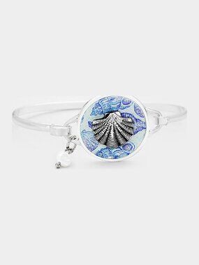 Patterned Sea Shell Pearl Charm Hook Bangle Bracelet - Mermaid Beach Jewelry